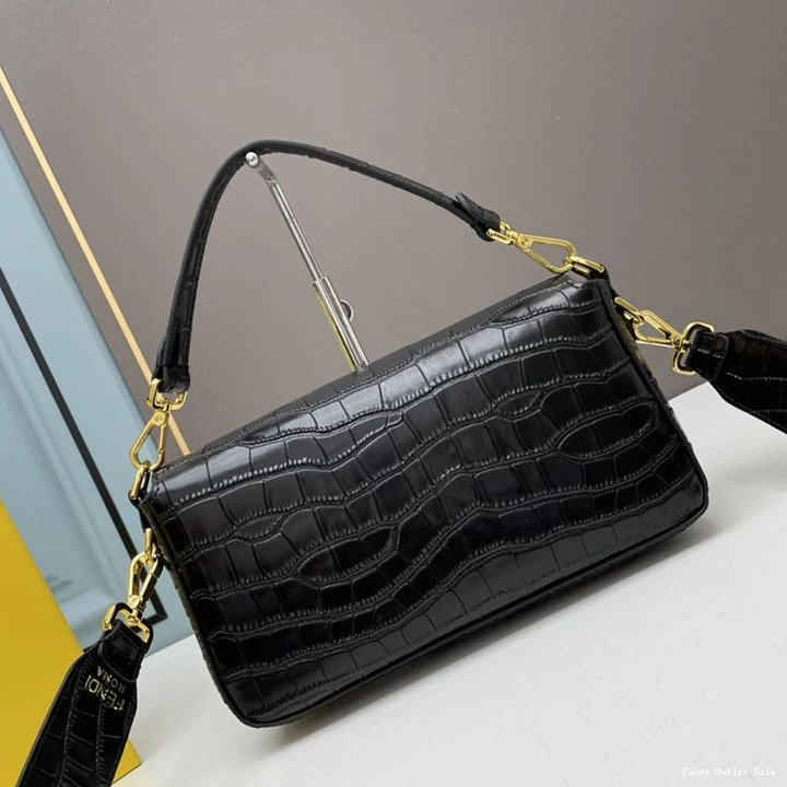 Cheap Bag Fendi Baguette In Medium Black Leather Crocodile 0726